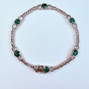 Art Deco Revival Emerald and Topaz Glass 925 Sterling Silver Tennis Bracelet